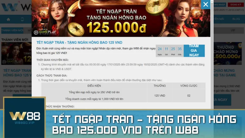 Tết ngập tràn – Tặng ngàn hồng bao 125.000 VND nóng hổi trên W88